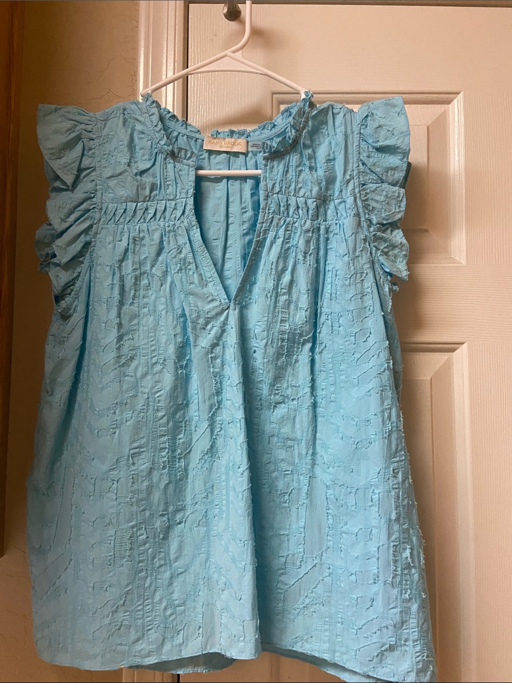 Ramy Brook Light Blue Ruffle Sleeve Textured V-Neck Blouse